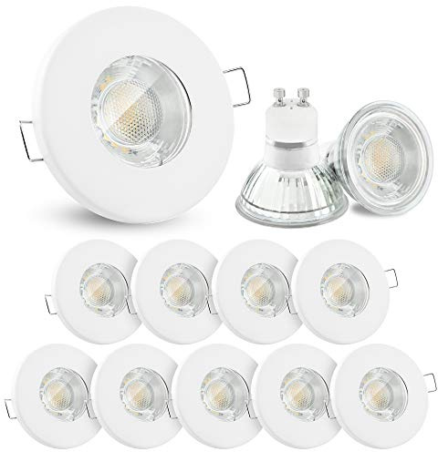 linovum Einbaustrahler 10er Set weiß flach IP65 GU10 6W 3 Lichtfarben | Zehn flache Deckenspots IP65 weiß matt - warm / neutral / kalt, Echtglas & Dichtung, für Bad, Dusche & außen, inkl. LED