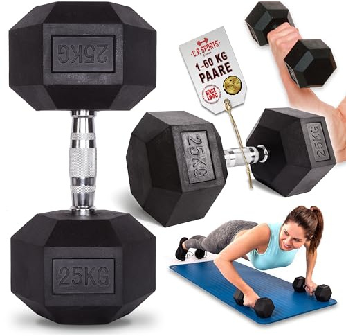 C.P.Sports Hexagon Kurzhantel Paare | 2er Set Hex Hanteln wahlweise 1kg bis 60kg aus Stahl und Gummi | Dumbbell Hexagonhantel Gewichte für Kraftsport, Bodybuilding, Fitness, Home Gym