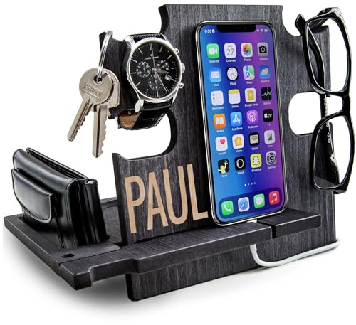Greta Oto Docking Station in Legno Organizzatore da Scrivania per Lui Supporto Smartphone Idea Regalo per Uomo Personalizzato Svuotatasche da Ingresso San Valentino Regali Natale per Uomini