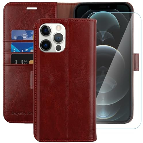 MONASAY Hülle Fit für iPhone 11 Pro Max Handyhülle 6.5 Zoll,[Schutzglas][Kartenfach][Standfunktion][Magnet][RFID Schutz],Stoßfeste Schutzhülle,Premium Leder Flip Case, Burgundy
