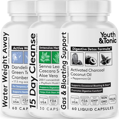 Youth & Tonic Belly Bloating Relief 3PK for Water, Gut & Gas Debloating - Water Retention & Anti-Bloat Pills with Gentle Cleanse, Occasional Constipation & Stomach Support, Halal | 150 Capsules