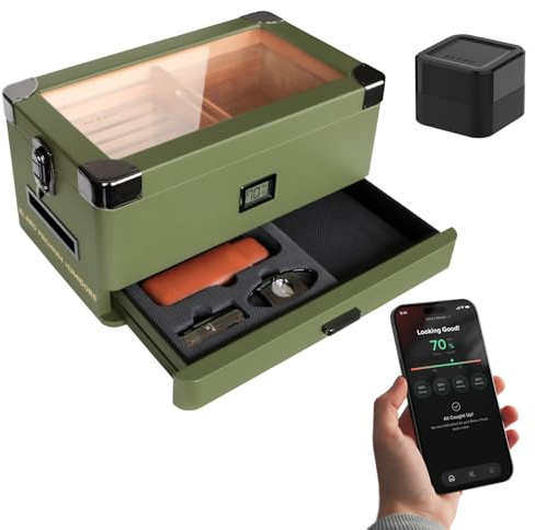 Case Elegance Militärt glastopp för humidor, matt grön med främre digital hygrometer, spansk cedar, fuktlösning, hydrosystem och tillbehör skumdragare - håller (70–100 cigarrer) av Klaro