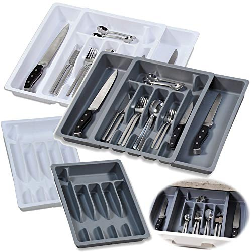 LS-LebenStil Schubladeneinsatz Besteckkasten Grau 29-50cm Kunststoff | verstellbar passend für handelsübliche Küchen-Schubladen | Besteckbox, Bestecktrenner Organizer ideal in Küche, Haushalt