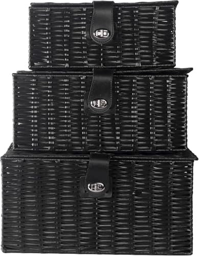 M&W Set of 3 Resin Woven Storage Basket Box With Lid & Lock, Large, Medium, Small (Black)