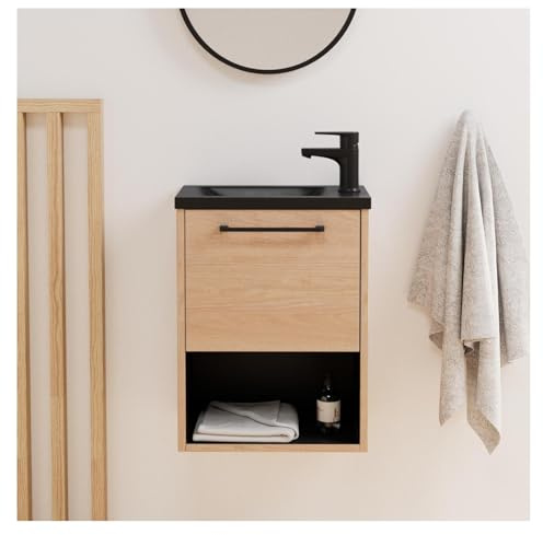 Mobile Lavamani con rivestimento in rovere interno nero, vasca, nero, con rubinetto, colore: nero