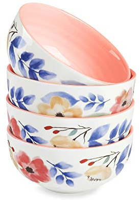 fanquare Rosa Blumen Porzellan Suppenschalen Set, 4 Stück Japanische Ramen Schüssel, Dessertschale Klein Niedlich für Küche