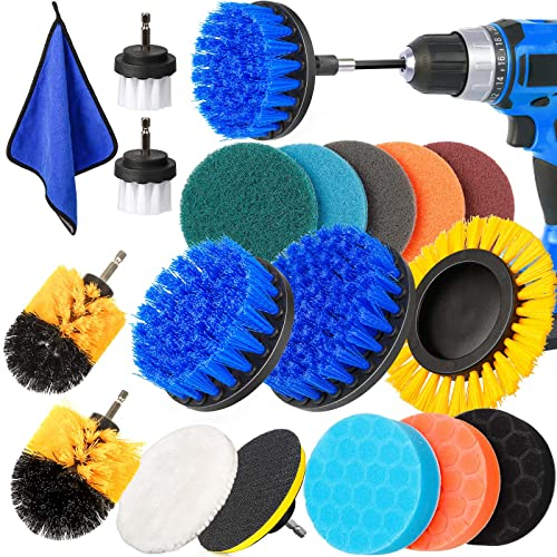 YOCOLE 20 Stück Bürstenaufsatz Akkuschrauber Bohrmaschine, 8 Drill Brush Set, Bürste Bohrbürste Kit Power Scrubber Reinigungsbürste für Felgen, Teppich, Badezimmer, Auto, Fliesen, Boden