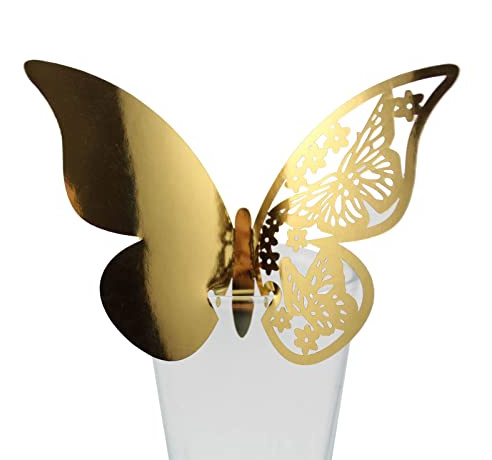 Wambere 100 Stück Schmetterling Trichterwinde Tischkarten Namenskarten Glasanhänger Wandsticker für Tischdeko Hochzeit Party Haus Deco,Schmetterling Tischkarten Laser Platzkarten Namenskarten,Gold A