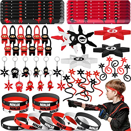 72 Stück Ninja Party Mitgebsel Kindergeburtstag, Jungen Ninja Warrior Themed Party, Ninja Fingerschleuder Fliegendes klebriges Spielzeug Armbänder Schlüsselanhänger, Ninja Geburtstag Mitgebsel
