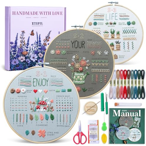 ETSPIL 3 uppsättningar broderikit för nybörjare vuxna, lär dig 33 olika stygn gör-det-själv-kit, inkluderar stämplat blommönster, ring, färgtrådar, verktyg, lätt att följa instruktioner och video