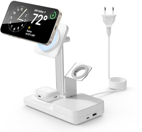 ESR 65W 5 in 1 GaN Ladestation, kompatibel mit MagSafe Ladeständer, magnetisches kabelloses Ladegerät für iPhone 17e/17/16/15/14/13/12-Serie, Apple Watch, AirPods 4/3/2/Pro und USB A/C Geräte, Weiß