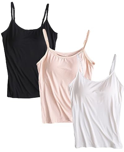 Jamron Femme Lot de 3 Basique Camisole Débardeur à Bretelles Spaghetti Réglable avec Soutien-Gorge Intégré Noir + Blanc + Nu XXL