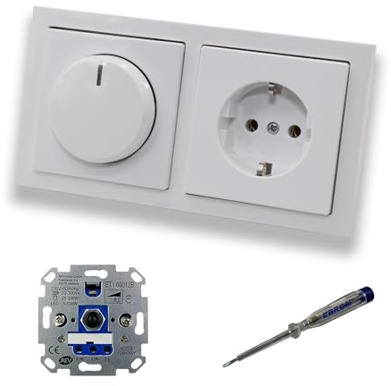 REV Ritter LED Drehdimmer Dimmer + Busch Jäger Dimmerscheibe 6540-84-102 und Steckdose 20EUC-84 in Future Linear Studioweiß glänzend inklusive EBROM Phasenprüfer zur Montage der Geräte ET1 66012B
