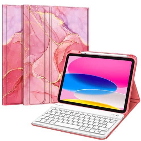FINTIE Clavier pour iPad A16 11 2025 11e Gen & iPad 10e Gen 10.9 2022 | Étui avec Clavier AZERTY sans Fil Bluetooth, Coque Multi-angle avec Emplacement Stylet, Marbre Rose
