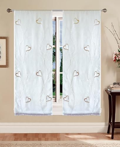 Tata Home Coppia Tende per Interni a Vetro Finestra Semitrasparenti Bianche Tende Cucina Bagno Camera Fantasia Shabby Chic 60x150 cm con Cuori Beige