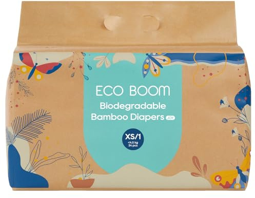 ECO BOOM Size 1 Diapers, Bamboo Viscose Diapers, Sustainable, Paper Packaging