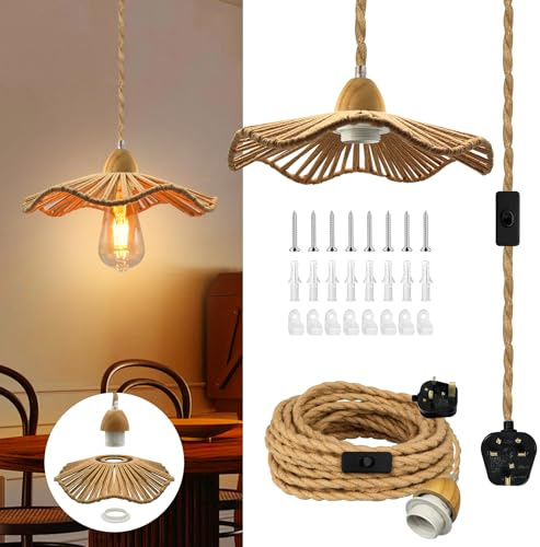 Rustic Hemp Rope Hanging Lamp, 510 CM Vintage Hanging Lights with Switch and Plug, Removable Hand Woven Lampshade, Retro Plug in Pendant Lighting with E27 Bulb Holder, Boho Lamp Kit for Indoor Decor
