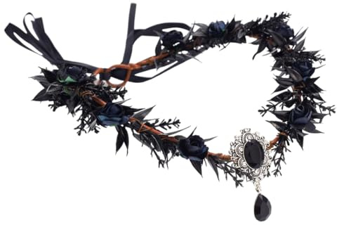 Handcess Waldkrone Schwarz Waldelfe Kopfschmuck Fee Blume Stirnband Blatt Elfen Kranz Gothic Kostüm Haarschmuck für Halloween Cosplay