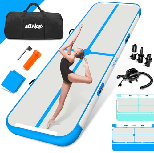 ALLPICK Turnmatte Aufblasbar mit elektrischer Luftpumpe, Länge 3/4/5/6 m Trainingsmatte, 10/20 cm hoch Tumbling Matte, Doppelseitiges Design Aufblasbar für Gymnastikmatte, Yoga -Blau 400*100*10 cm