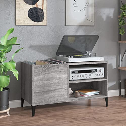 IKAYAA Mueble de Discos de Madera con Patas Metálicas 84.5 x 38 x 48 cm, Tocadiscos de Vinilo Stand, Estanteria CD, Mueble Tocadiscos, Mueble para Discos, Mueble para Vinilos, Gris Sonoma