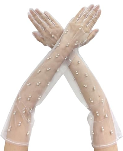 AWOCAN Women Sheer Long Pearl Mesh Tulle Gloves - Wedding Bridal Dance Opera Party Gloves (white, L)