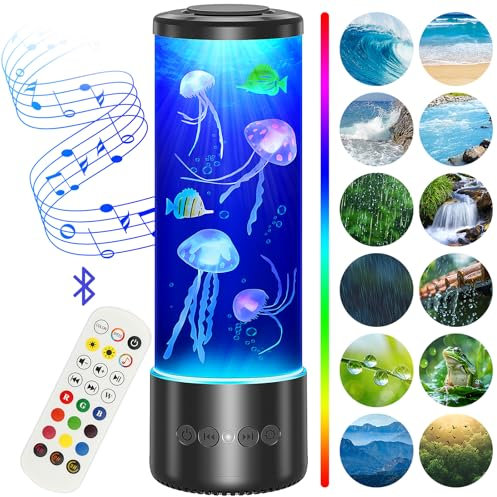 Radikor Lampara Medusa con 12 Ruidos Blancos, Jellyfish Lamp con 10 Colores y Telemando, Lámpara Medusa Acuario para Niños Adultos, Lampara Medusa Movimiento para Relajación, Decoración del Hogar