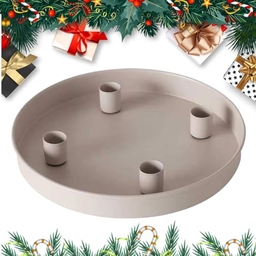 Magnet Kerzentablett für Stabkerzen 23 cm Rund Grau – Metall Kerzenständer mit 4 Magnetischen Haltern – Perfekte Tischdeko Esstisch – Stilvoller Advents Kerzenhalter (Khaki)