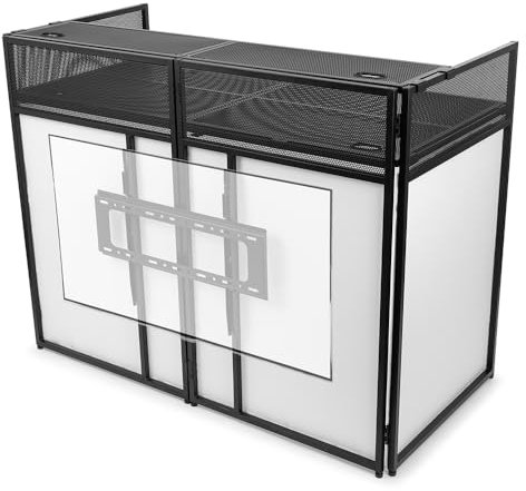 Vonyx DB6 Pro - DJ Tisch, faltbares DJ Pult mit TV Halterung bis 65 Zoll, mobil und klappbar, DJ Booth mit weißer und schwarzer Verkleidung, mobiler DJ Stand, DJ Equipment für mobile DJs auf Events