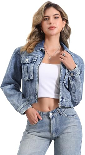 Allegra K Chaqueta Vaquera Informal Para Mujer Con Cremallera Mangas Largas Bolsillos Chaqueta Vaquera Corta Azul Lavado XS