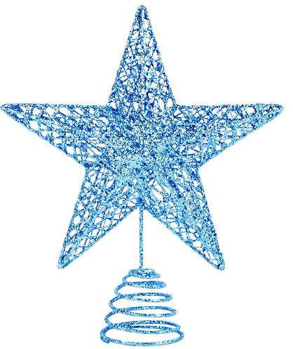 KEYIDO Blauer glitzernder Baumstern, Weihnachtsbaumspitze, großer Metall-Stern für Weihnachtsbaumspitze, Ornamente, Weihnachtsdekoration, 25,4 cm