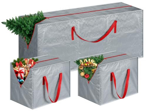 Vinsani® 3pcs Extra Large Christmas Tree Decoration Storage Bags Waterproof Durable Zip Bag Xmas Décor Ornaments Baubles Tinsels Lights Organiser with Handles Prevents Moisture & Dust (Grey)