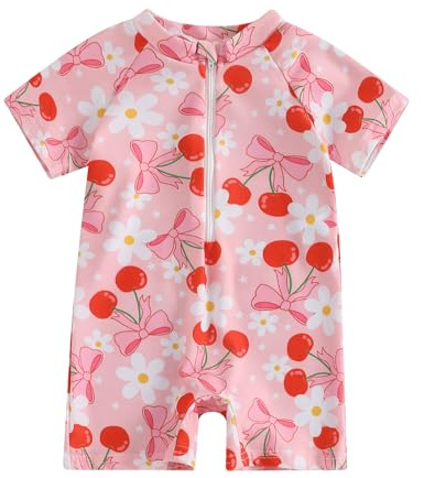 Nicoxijia Kids Toddler Baby Girl One Piece Swimsuit Swimming Costume Rash Guard Swimwear Zipper Sun Protection Bathing Suit (Red, 6-12 Months)
