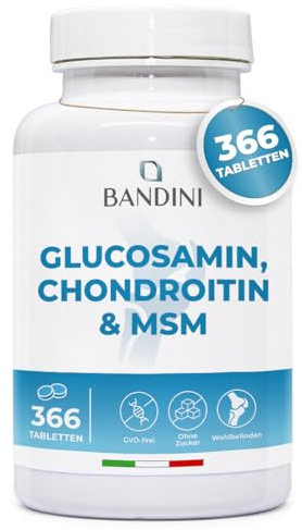 Bandini® Glucosamina Condroitina MSM y Vitamina C 366 Comprimidos | Para articulaciones y cartílagos | Complejo con 600 mg de glucosamina, 100 mg de condroitina y MSM por dosis | 6 meses de suministro