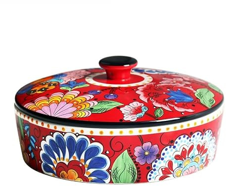 Bafnsiji Ensaladera de cerámica con Tapa, Ensaladera de cerámica de 1500 ml, Cuencos de Frutas Redondos, Ensaladeras Anchas de cerámica, Cuenco Decorativo de Flores Rojas, Frutero Grande Grande