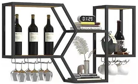 TUPOSTAR Metal Wine Rack, Bar Racks Wall Mounted with Wine Glass Holder, Mini Bar Shot Bottle Display Rack, Cabinet Floating Bar Whiskey Rack, for Home Bar Dining Room,Black,143cm