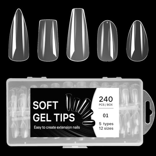 240 Pcs Soft Gel Nail Tips, Ongle Pose Americain, Nail Art, 12 Tailles Couverture Complète, 5 Types de Nail Art, Capsule Americain Ongles Court et Long