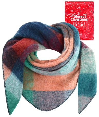 Voqeen halsduk dam vinter triangulär halsduk lång tartan triangel halsduk wrap tjock varm damer halsduk mjuk stola vinterhalsduk filt för kvinnor, blågrön, 195 x 135 cm