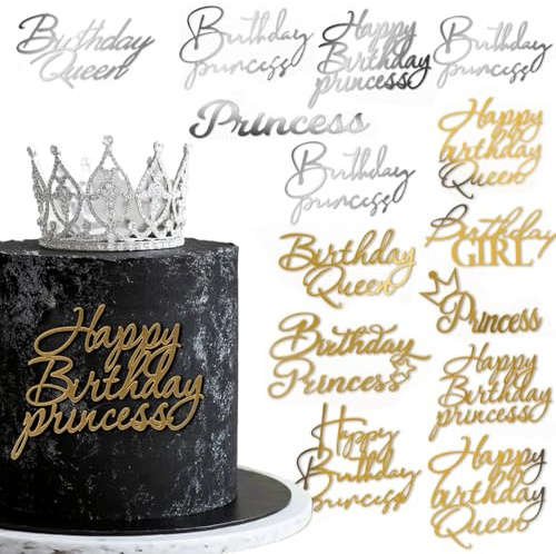 14 stycken Happy Birthday-tårttopparset, drottning cupcake-topper, prinsessa, köksdekoration, akryl, tårtdekoration för flickor, guld, silver, återanvändbar tårtdekoration för födelsedag