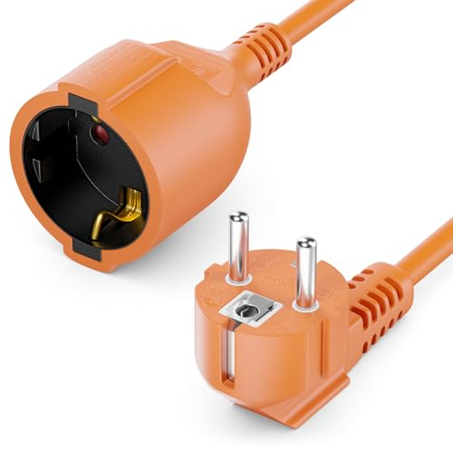 deleyCON 20m Câble D’Extension avec Prise Type F (CEE 7/7) Coudée à 90° vers Prise (CEE 7/3) - Cordon D’Alimentation pour TV, PC, Ordinateur, Vidéoprojecteur - Orange