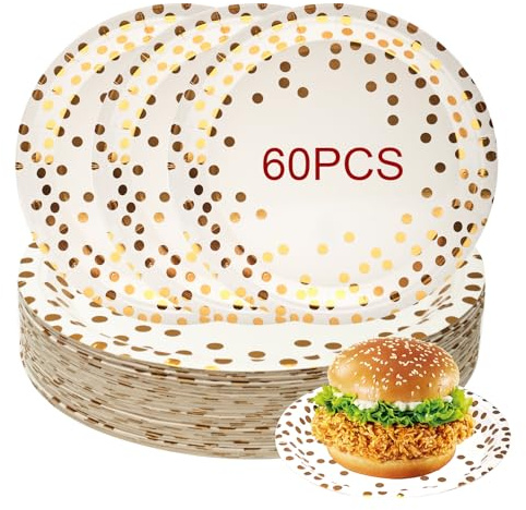 Suugiiy 60 Pcs 7 Inch White and Gold Paper Plates,Gold Polka Dot Design Cake Plates for Birthday, Anniversary, Wedding, Graduation(White)