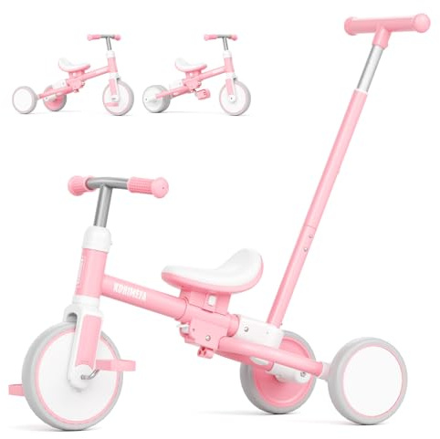 KORIMEFA Triciclo Evolutivo de Bebé 5 en 1, Bicicleta Para Niños Desde 1 Año Hasta 3 años Con Barra de Empuje, Asiento Ajustable, Pedales Desmontables (Rosa)