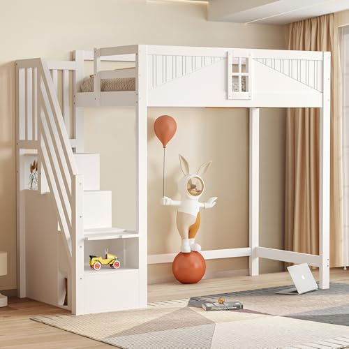 Wyibwy Letto a soppalco 90x200cm con scaletta portaoggetti per ragazzi,Letto a castello con porta unica con finestra,Letto singolo con scaletta di sicurezza laterale intercambiabile,legno,bianco