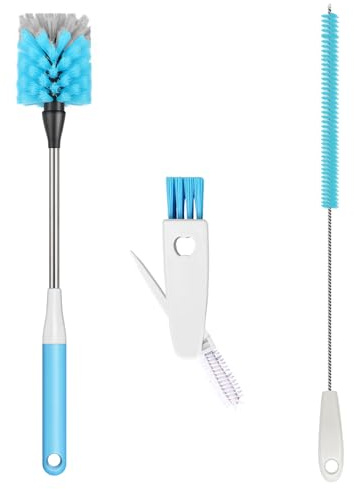 Cepillo para Botellas de Agua 3 en 1, Cepillo de Limpieza de Mango Largo de 38 cm, Limpiador de Cocina, con Limpiador de pajitas, Limpiador de Tapa, Adecuado para Botellas de Agua, Vasos, Vasos