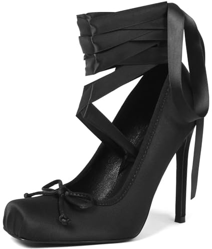 Oiamenne Black Satin Pumps Ballerina High Heels for Women Dressy Ballet Stiletto Heels Square Closed Toe Elegant Wedding Guest Shoes Heals for Women, US 10