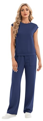 IVIR Two Piece Outfits For Women Summer Casual Tracksuit Round-neck Short-sleeved Top with Loose Fit Trousers with Pockets Navy Blue XXL
