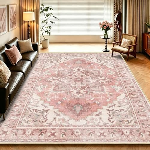 WUTONG Vintage Rosa Teppich Wohnzimmer 160x220 cm,Orientalischer Teppich Waschbar rutschfest Kurzflor,Geeignet für Kleines Wohnzimmer Couchtisch,Boho Stil