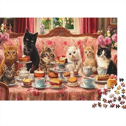 Scène thé Chats 1000 Pièces Carton Mat Art Chats Tasse thé Puzzle pour Adultes Carton Épais Anti-Stress Activité Familiale 52x38cm/1000pcs