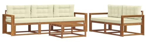 HETFTJN Set di mobili da giardino in legno di acacia massiccio, divano modulare per esterni con cuscini e tavolo, lounge da giardino per terrazza e zona piscina, naturale e crema