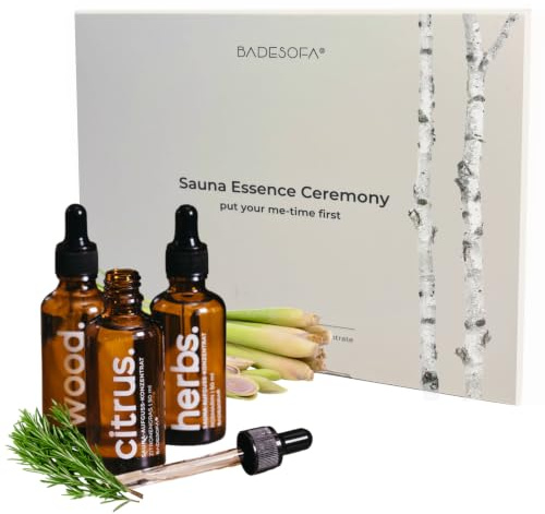 BADESOFA Sauna Aufgussmittel, 3x50ml natürliches Saunaöl aus Deutschland | Hochwertiges Saunaaufguss Set mit Lemongrass, Rosmarin, Birke für 30 Aufgüsse, Saunaduft vegan, Sauna Zubehör Geschenk-Set