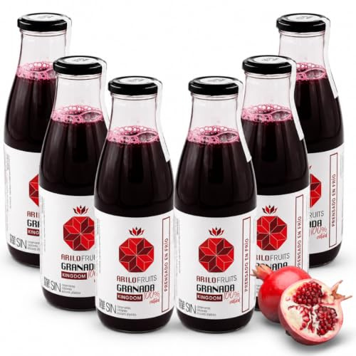 Arilo Fruits® Zumo de Granada 100% Natural Variedad Kingdom | Prensado en Frío | Pack Zumo Granada Natural 6x750 ml sin Azúcar Añadido y rico en Antioxidantes | Zumo Premium | Vegano